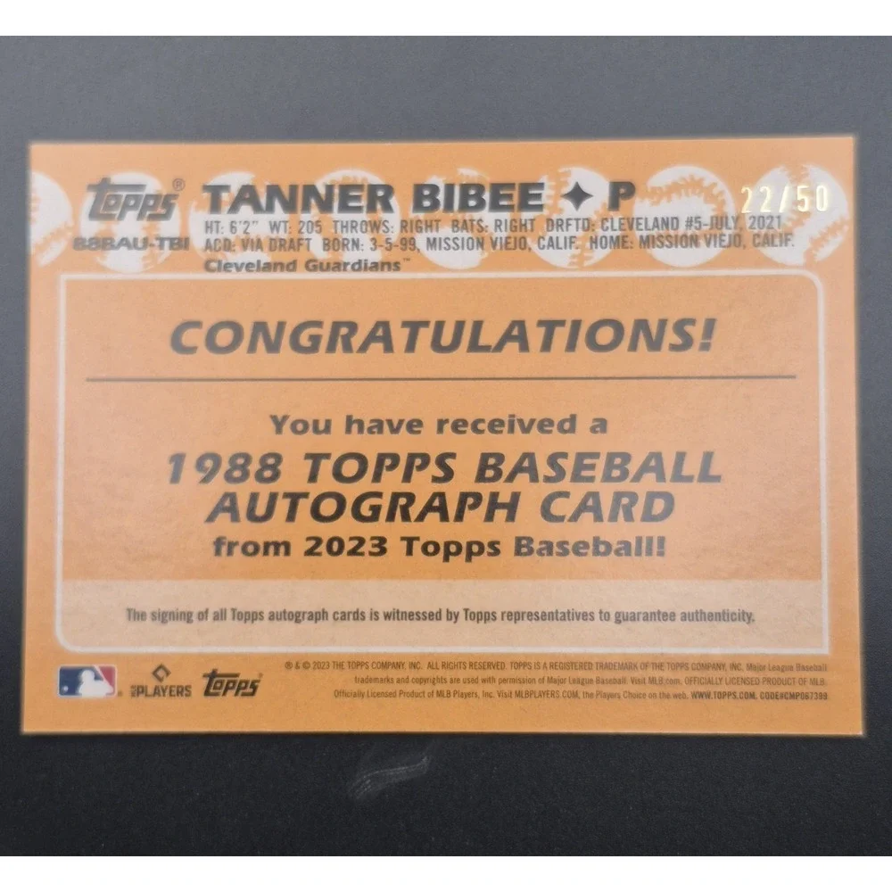 2023 Topps 1988 Tanner Bibee #88BAC-TBI 1988 Rookie Autograph Gold /50 Cleveland